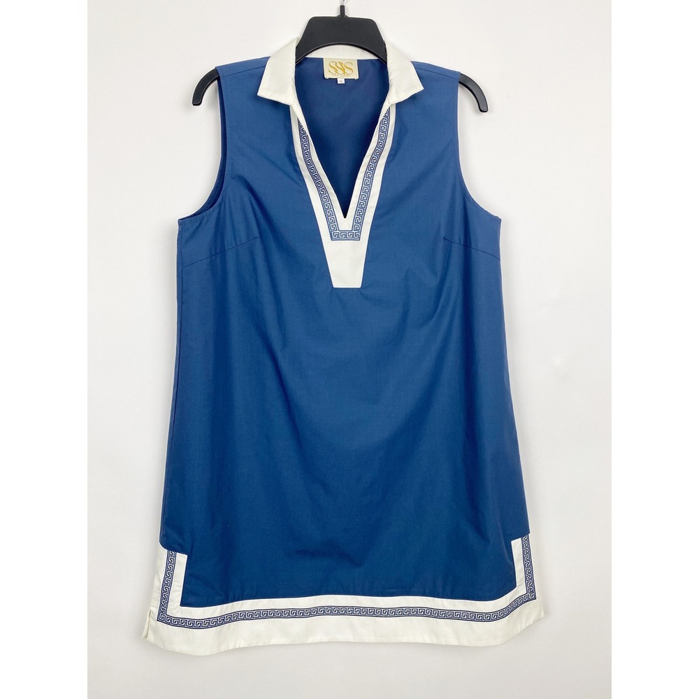 SYS The Label Celine Greek Key Trim Sleeveless Shift Dress Womens Size M Blue
